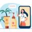The image shows two sunscreen bottles labeled "30 SPF" and "50 SPF" next to a potted plant. A female doctor with long hair, wearing a stethoscope and gloves, is displayed on the screen of a smartphone. The doctor appears to be giving advice or instructions, as indicated by the speech bubble with three lines above her head.