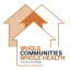 The image shows three overlapping house outlines, with the middle house in solid orange and the other two in a lighter shade. Below the houses, there is text that reads: "WHOLE COMMUNITIES WHOLE HEALTH A UT Grand Challenge".