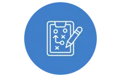 A blue circle with a white outline of a clipboard and pencil. The clipboard shows a strategy plan with circles, crosses, and arrows.