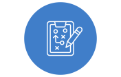 A blue circle with a white outline of a clipboard and pencil. The clipboard shows a strategy plan with circles, crosses, and arrows.