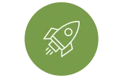 A white outline of a rocket ship icon on a green circular background.
