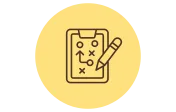 A yellow circle with a brown outline of a clipboard and pencil. The clipboard displays a strategy plan with circles, crosses, and an arrow indicating movement.
