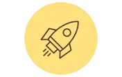 A simple line drawing of a rocket ship in an upright position with two fins and exhaust lines indicating motion, set inside a yellow circle.