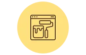 An icon showing a web browser window with a paint roller and paint bucket inside, representing website customization or design. The icon is set against a yellow circular background.