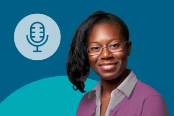 Headshot of Deena Kemp, Ph.D. — a Black woman with her hair in a ponytail swooped to one side wearing a pink button-down shirt and a dark pink cardigan — guest for the CHC's Talking About Talking About Health podcast.