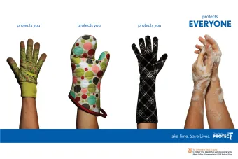 A hospital hand hygiene campaign featuring three hands with different types of protection (a garden glove, an oven mitt, and a dishwashing rubber glove) with text reading "Protects you" and then a pair of hands washing with soap and text that reads "Protects everyone"