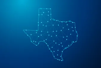 Digital illustration of the state of Texas outlined with glowing blue dots and connecting lines on a dark blue background.