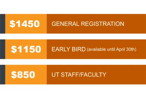 HCLI General registration pricing is $1,450. HCLI Early Bird registration pricing is $1,150 and expires April 30, 2025. HCLI registration for UT System staff and faculty is $850.