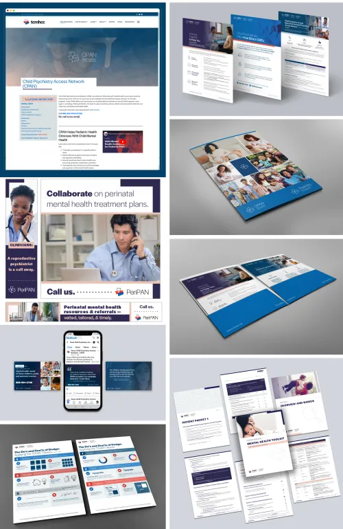 A collection of printed and digital materials created by the Center for Health Communication for the Texas Child Mental Health Care Consortium