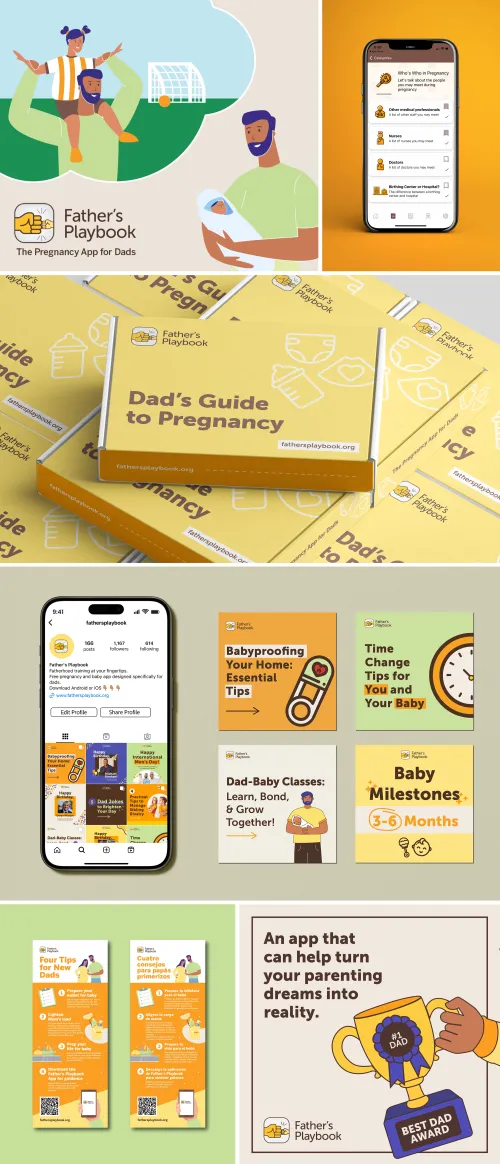 A collage of promotional materials for the 'Father's Playbook' app, a pregnancy app for dads. It includes smartphone screenshots of the app, posters with parenting tips, and graphics highlighting features like babyproofing, time change advice, baby milestones, and dad-baby classes. Illustrations show fathers engaging with their children, emphasizing the app’s supportive role.