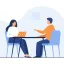The image shows an illustration of two people sitting across from each other at a table. The person on the left is using a laptop, while the person on the right is gesturing with one hand. There is a clock on the wall in the background.