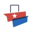 An abstract illustration of Texas made of two overlapping rectangles - red with a white star on top and blue on the bottom - with black lines forming the Texas panhandle.