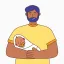 A male-presenting person in a yellow shirt holds a swaddled baby wrapped in a white blanket. The baby, with a pacifier in its mouth, appears to be sleeping.