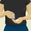 A person in a black shirt and blue pants pours three white pills from a small plastic bag into their hand.