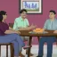 Three people sit around a round wooden table in a pink-walled room. A bowl of oranges is on the table, and a framed picture of blue flowers hangs on the wall behind them.