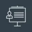 A simple white line drawing on a dark background showing a person icon next to a presentation board with three horizontal lines representing text.
