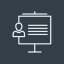 A simple white line drawing on a dark background showing a person icon next to a presentation board with three horizontal lines representing text.