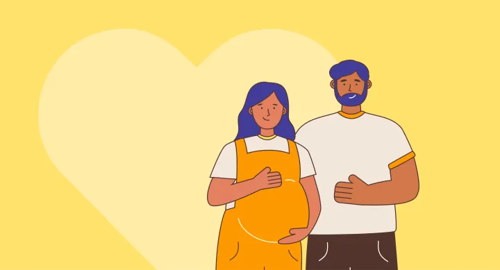 Illustration of a couple standing together against a yellow background with a large heart shape. The person on the left wears an orange dress and appears to be pregnant, while the person on the right wears a white shirt with orange accents.