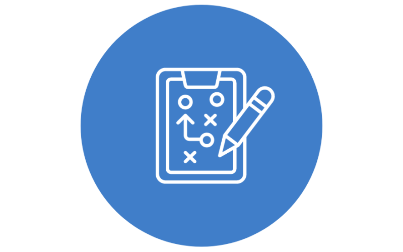 A blue circle with a white outline of a clipboard and pencil. The clipboard shows a strategy plan with circles, crosses, and arrows.