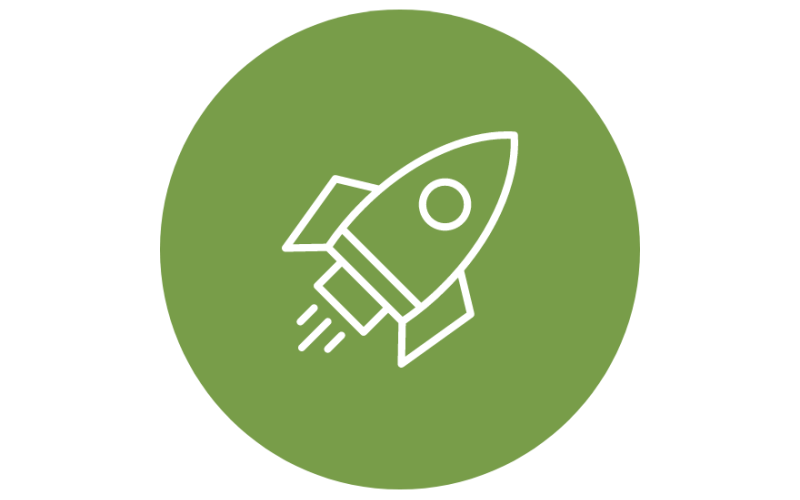A white outline of a rocket ship icon on a green circular background.