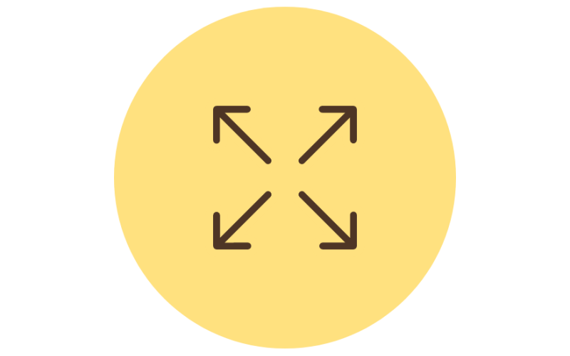 A yellow circle with four brown arrows pointing outward from the center toward the edges, symbolizing expansion or full-screen mode.